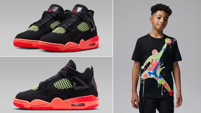 Air Jordan 4 GS Black Infrared 23 x Jordan Super Splash Big Kids Jumpman T Shirt Black Outfit to Match Sneakers