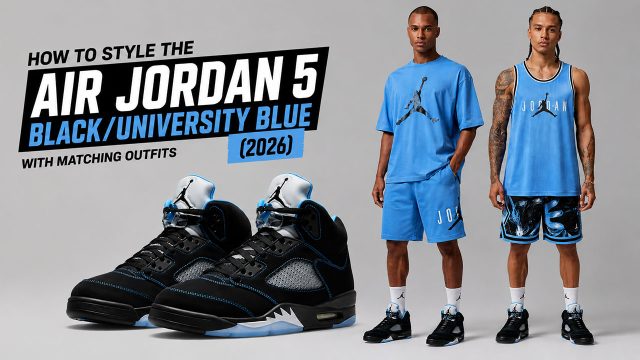Air Jordan 5 Black University Blue 2026 sneakers with matching Jordan apparel outfits in University Blue including a T-shirt, shorts and mesh jersey
