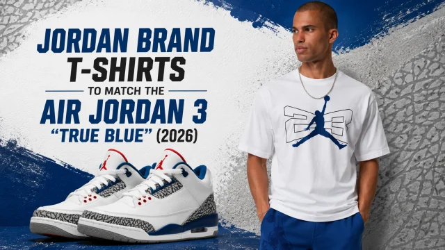 Model wearing a white Jordan Brand T-shirt with the Air Jordan 3 "True Blue" (2026) sneakers against a blue, white and elephant print inspired background.