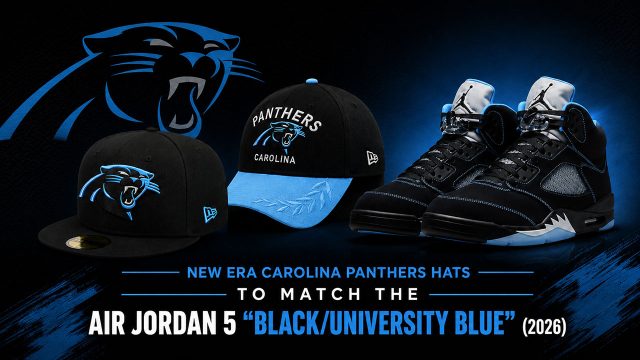 New Era Carolina Panthers fitted hats styled with the Air Jordan 5 Black University Blue (2026) sneakers on a black and blue SneakerFits graphic.