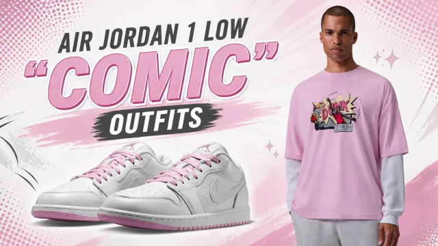 Featured image for Air Jordan 1 Low "Comic" Outfits showing the Air Jordan 1 Low "Comic" sneakers alongside a model wearing a matching pink Jordan T-shirt.