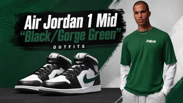 Air Jordan 1 Mid "Black/Gorge Green" sneakers with matching Jordan apparel featured in a SneakerFits outfit guide.