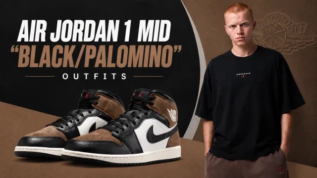 Air Jordan 1 Mid "Black/Palomino" sneakers with matching Jordan apparel featured in a SneakerFits outfit guide.