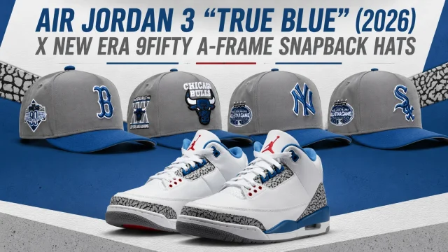 Air Jordan 3 "True Blue" (2026) sneakers displayed with matching New Era 9FIFTY A-Frame snapback hats in Boston Red Sox, Chicago Bulls, New York Yankees and Chicago White Sox styles.