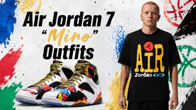 Air Jordan 7 "Miro" sneakers alongside a model wearing a matching Jordan graphic T-shirt with outfit inspiration for the colorful Jordan release.