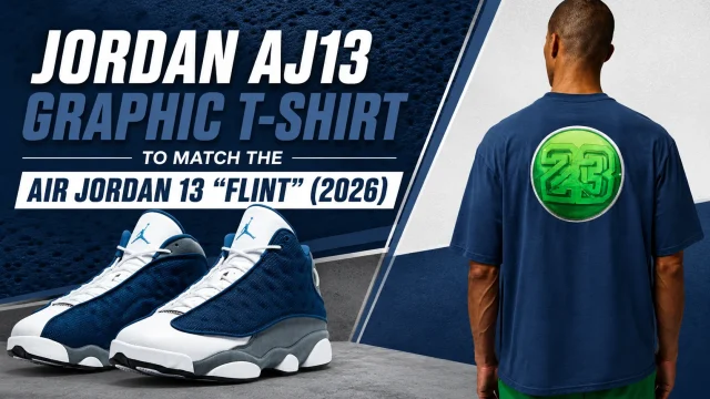 Air Jordan 13 "Flint" (2026) sneakers alongside a model wearing the Jordan AJ13 Graphic T-Shirt in a matching outfit.