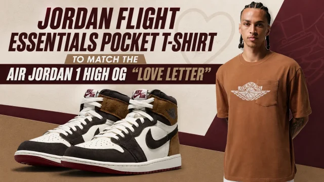 Jordan Flight Essentials Pocket T-Shirt paired with the Air Jordan 1 High OG "Love Letter" sneakers in a matching outfit guide.