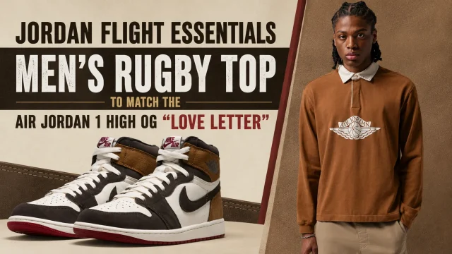 Jordan Flight Essentials Men's Rugby Top styled with the Air Jordan 1 High OG "Love Letter" sneakers in a matching outfit inspiration graphic.