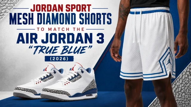 Jordan Sport Mesh Diamond Shorts in white and blue styled with the Air Jordan 3 "True Blue" (2026) sneakers for a coordinated outfit.