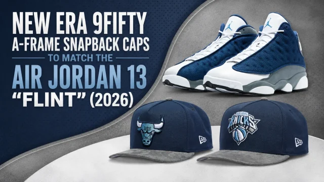 Air Jordan 13 "Flint" (2026) sneakers displayed alongside New Era 9FIFTY A-Frame New York Knicks and Chicago Bulls snapback caps.