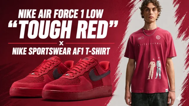 Nike Air Force 1 Low "Tough Red" sneakers paired with the Nike Sportswear AF1 T-Shirt in Dark Team Red featured in a SneakerFits outfit guide.