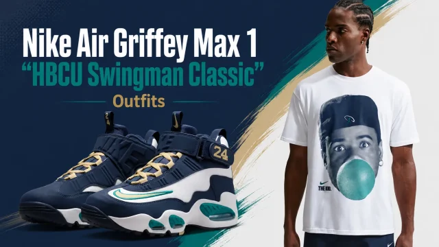Nike Air Griffey Max 1 "HBCU Swingman Classic" sneakers with matching Nike Sportswear Ken Griffey Jr. T-shirt featured in a complete outfit inspiration graphic.