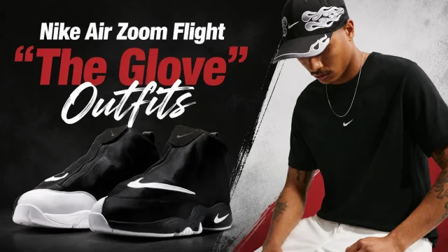 Nike Air Zoom Flight "The Glove" sneakers in Black, White and University Red alongside matching Nike Sportswear apparel for outfit inspiration.