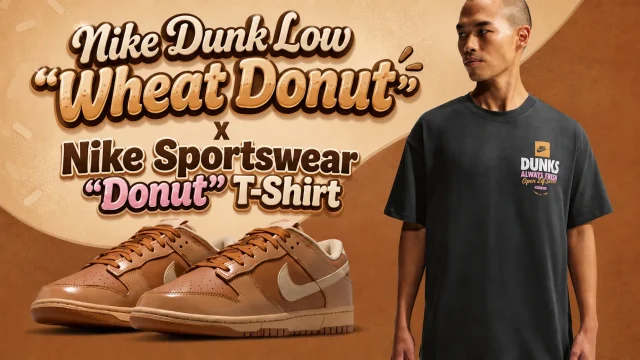 Featured image showing the Nike Dunk Low "Wheat Donut" sneakers paired with the Nike Sportswear "Donut" T-Shirt for a matching outfit.