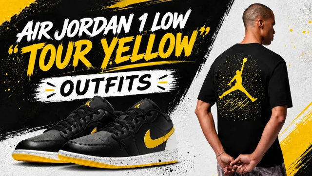 Air Jordan 1 Low Tour Yellow sneakers with matching black and yellow Jordan Brand apparel.