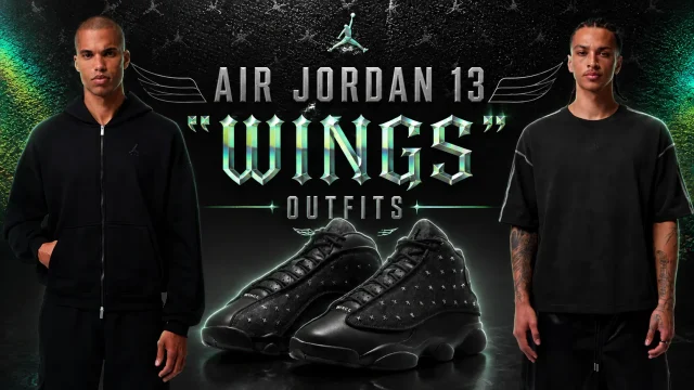 Lead image featuring the Air Jordan 13 "Wings" sneakers with matching black Jordan apparel and outfit inspiration.