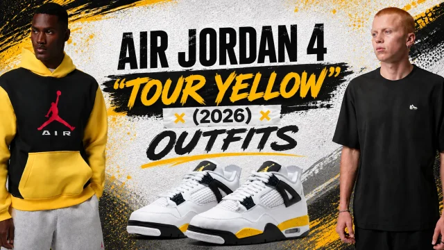 Air Jordan 4 “Tour Yellow” sneakers with matching black and yellow Jordan apparel outfit ideas.