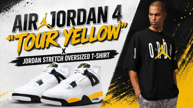Air Jordan 4 Tour Yellow sneakers with the matching black Jordan Stretch Oversized T-Shirt featuring white and yellow graphics.