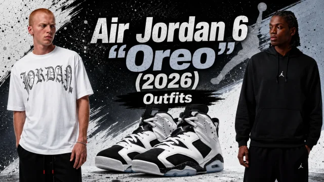 Air Jordan 6 "Oreo" (2026) sneakers with matching Jordan apparel featuring a white Jordan graphic T-shirt and black Jordan hoodie in a complete outfit guide.