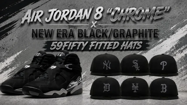 Air Jordan 8 Chrome sneakers with matching New Era Black/Graphite 59FIFTY fitted hats.