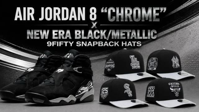 Air Jordan 8 Chrome sneakers with New Era Black/Metallic 9FIFTY snapback hats.