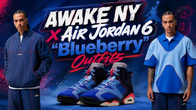AWAKE NY x Air Jordan 6 “Blueberry” sneakers with matching blue AWAKE NY apparel outfit ideas.
