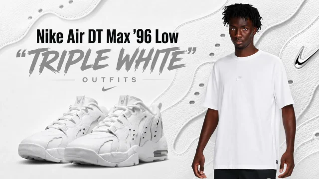 Nike Air DT Max '96 Low "Triple White" sneakers with a matching white Nike outfit featured in a SneakerFits outfit inspiration graphic.