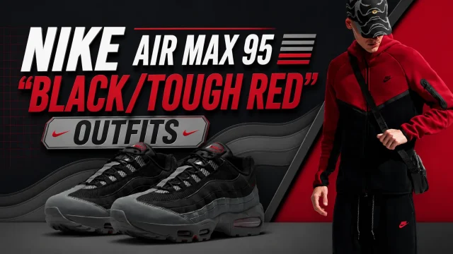 Nike Air Max 95 Black Tough Red sneakers with matching black and red Nike outfit.
