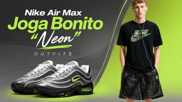 Nike Air Max Joga Bonito "Neon" sneakers paired with matching Nike Sportswear apparel for outfit inspiration.