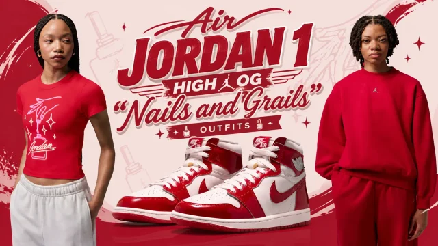 Air Jordan 1 High OG “Nails and Grails” sneakers with matching red Jordan Brand outfits.