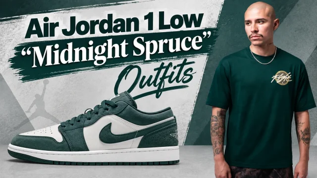 Air Jordan 1 Low Midnight Spruce outfit with matching green Jordan Flight T-shirt.