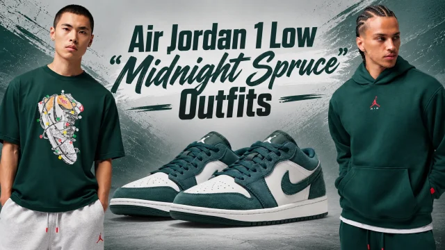 Air Jordan 1 Low Midnight Spruce sneakers with matching green Jordan Brand graphic T-shirt and pullover hoodie outfits.