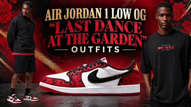 Air Jordan 1 Low OG Last Dance At The Garden with matching black and red Jordan outfits.