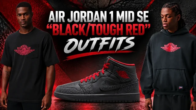 Air Jordan 1 Mid SE Black Tough Red outfits with matching Jordan T-shirt and hoodie