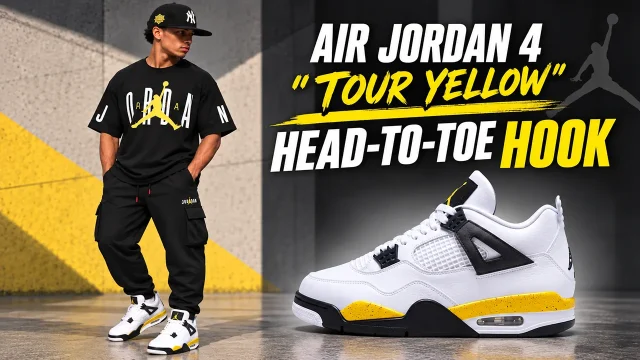 Air Jordan 4 Tour Yellow Head-to-Toe Hook with matching black Jordan outfit and Yankees cap.