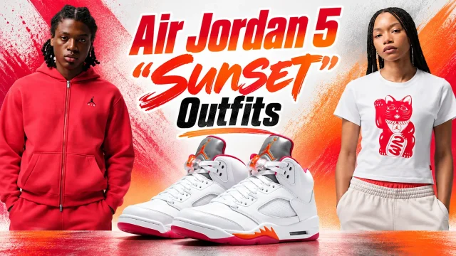 Air Jordan 5 Sunset outfits with matching Jordan apparel in white and red