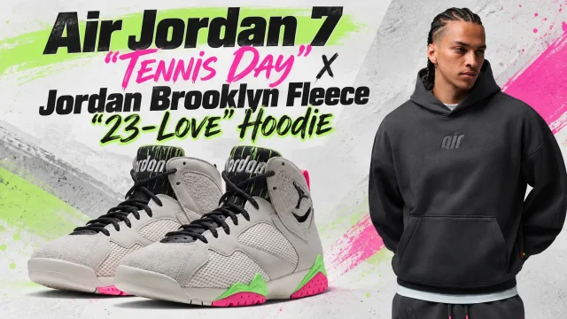 Air Jordan 7 “Tennis Day” sneakers with the Jordan Brooklyn Fleece “23-Love” Hoodie in Anthracite.