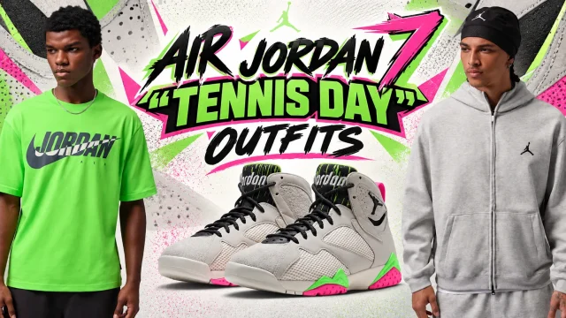 Air Jordan 7 “Tennis Day” with matching lime green Jordan T-shirt and grey Jordan hoodie outfit ideas.