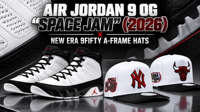 Air Jordan 9 OG “Space Jam” (2026) sneakers with matching New Era Yankees and Chicago Bulls 9FIFTY A-Frame hats.