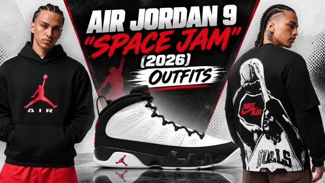Air Jordan 9 Space Jam 2026 outfits with matching black, white and red Jordan apparel.