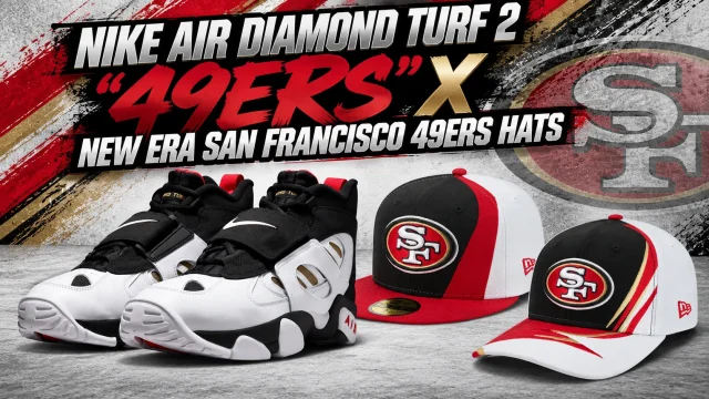 Nike Air Diamond Turf 2 “49ers” sneakers with matching New Era San Francisco 49ers fitted and adjustable hats.