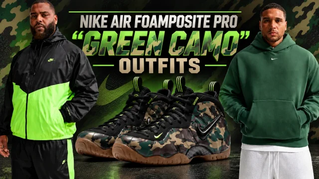Nike Air Foamposite Pro Green Camo with matching black, Voltage Green and forest green Nike outfits.