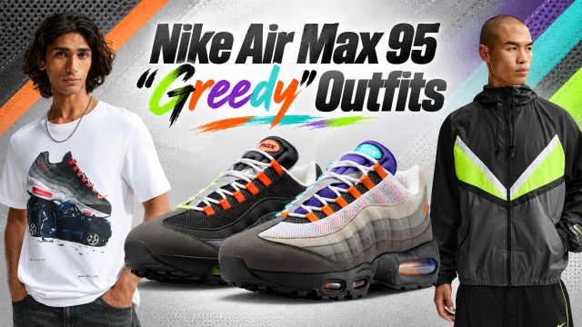 Nike Air Max 95 Greedy outfits featuring matching Nike apparel with White, Medium Ash, Bright Mandarin, Aqua, Purple and Neon Green accents.