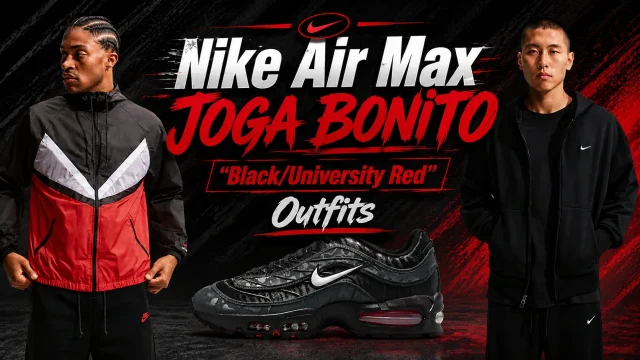 Nike Air Max Joga Bonito Black University Red sneakers with matching Nike apparel outfit ideas.