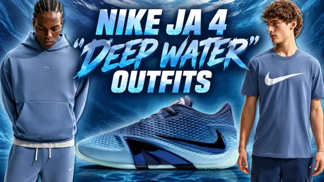 Nike Ja 4 Deep Water sneakers with matching blue Nike hoodie and T-shirt outfits