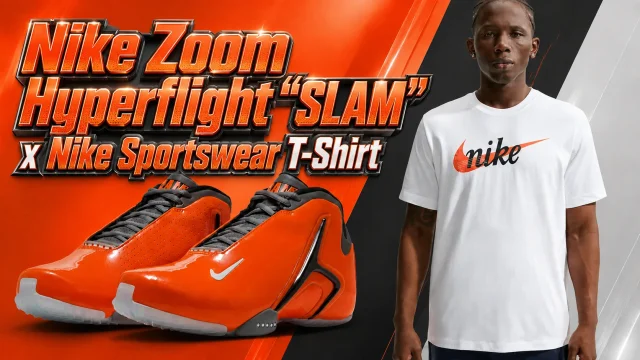 Nike Zoom Hyperflight “SLAM” sneakers with a white Nike Sportswear T-Shirt featuring an orange Swoosh