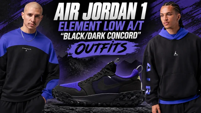 Air Jordan 1 Element Low A/T Black Dark Concord sneakers with matching Jordan Flight Mountainside long-sleeve top and Jordan Brooklyn Mountainside hoodie.
