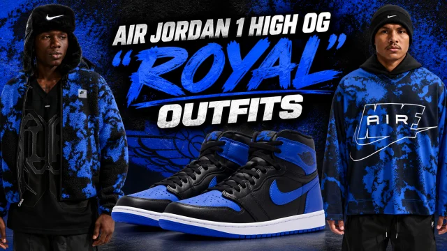 Air Jordan 1 High OG Royal sneakers in black and Game Royal with matching blue and black Nike Air jackets and jerseys.