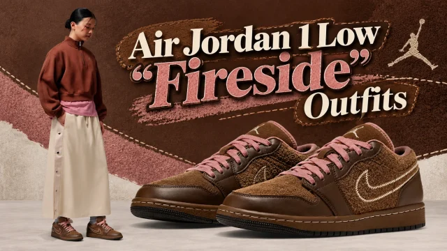 Air Jordan 1 Low Fireside outfits featuring brown and pink sneakers with matching women's Jordan Brand apparel.