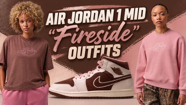 Air Jordan 1 Mid Fireside outfits featuring brown and pink sneakers with matching Jordan T-shirt, pink sweatshirt and women's apparel
